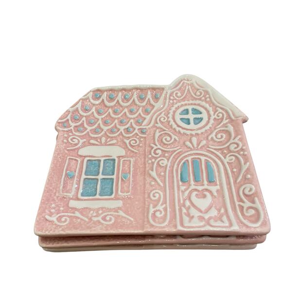 Godinger Pastel Pink Gingerbread House 6in Ceramic Appetizer Plates New - Picture 9 of 16